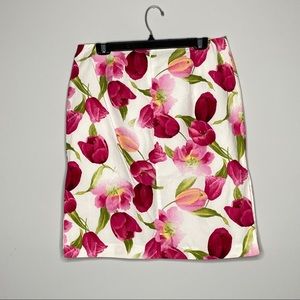 White & Pink Floral detail Skirt w/ side slit